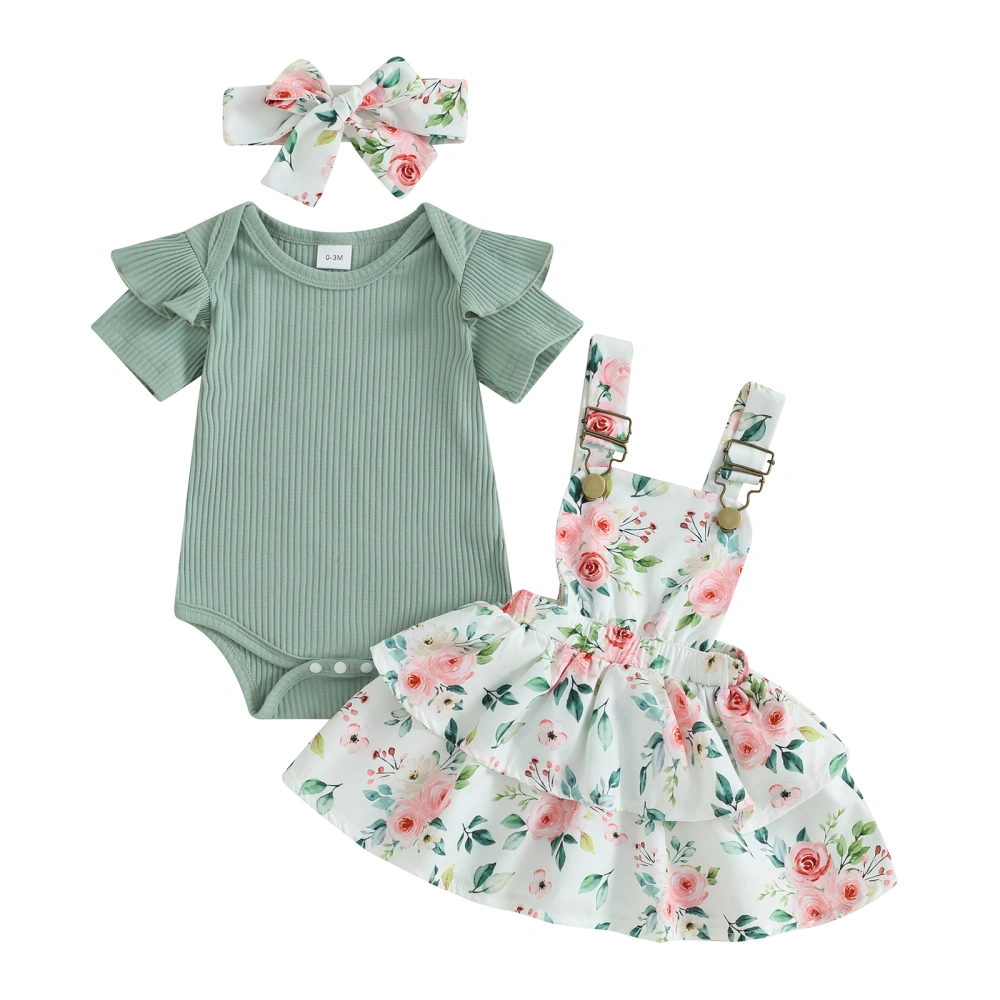 Baby Girls 3Pcs Spring Outfits Romper+Floral Suspender Skirt+Headband