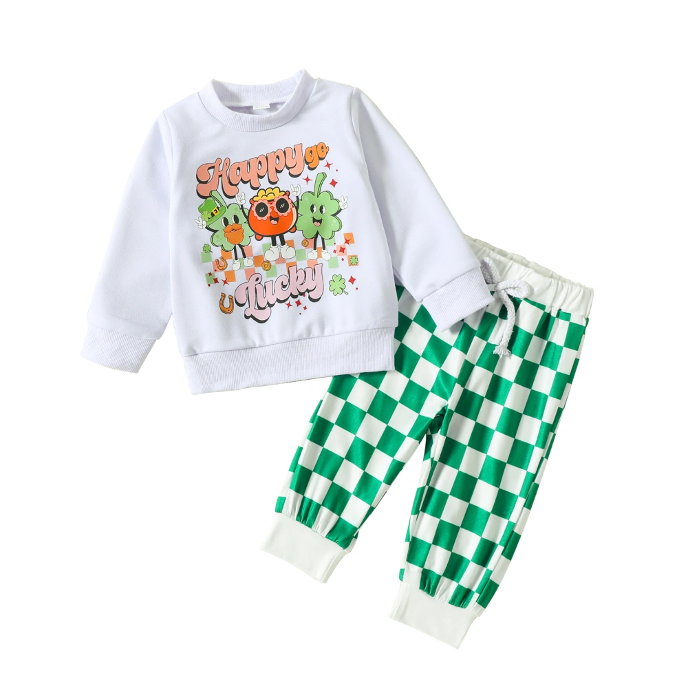 Boy Irish Day Outfits Clover Print Sweatshirt and Checkerboard Pants