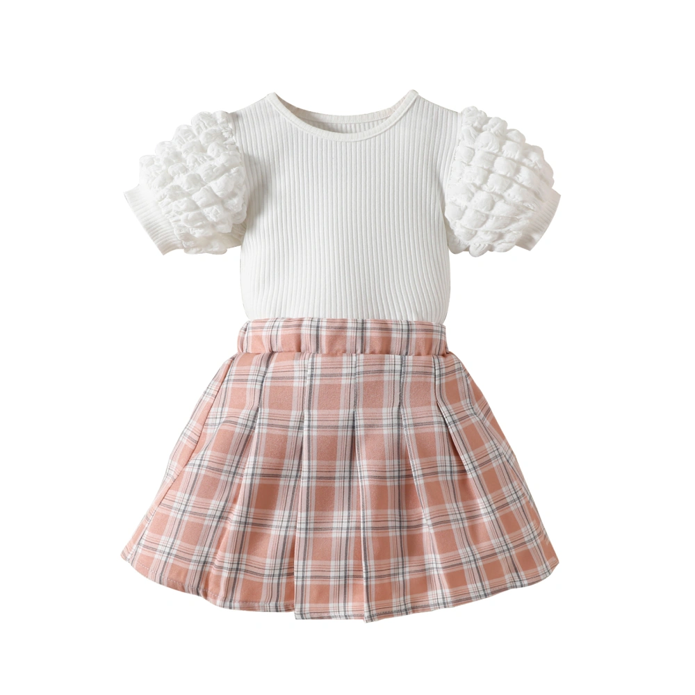 Girl Solid Bubble Short Sleeve Tops with Plaid Print A-Line Skirt