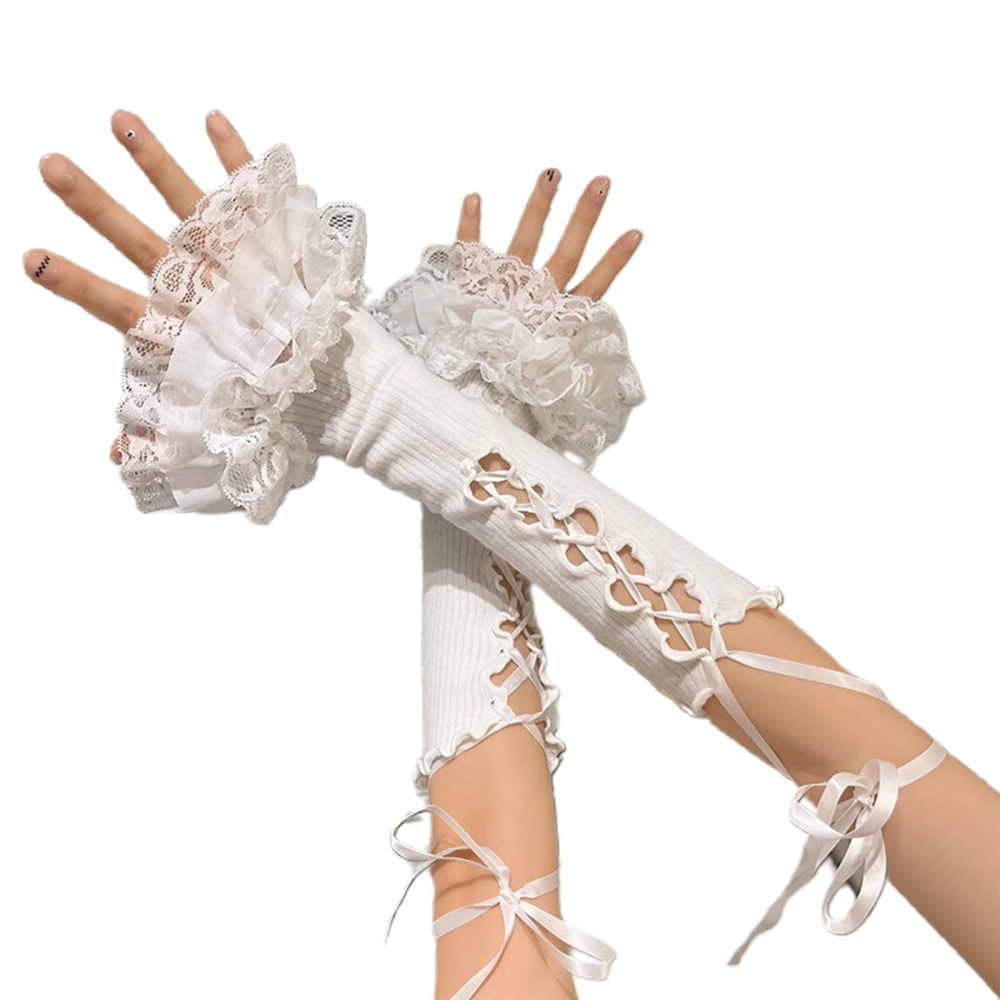 Women Fingerless Gloves Cross Tie-up Elbow Length Arm Warmers Sleeves 