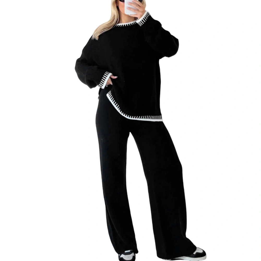 Women Pants Suit, Contrast Color Long Sleeve Sweater with Knit Pants