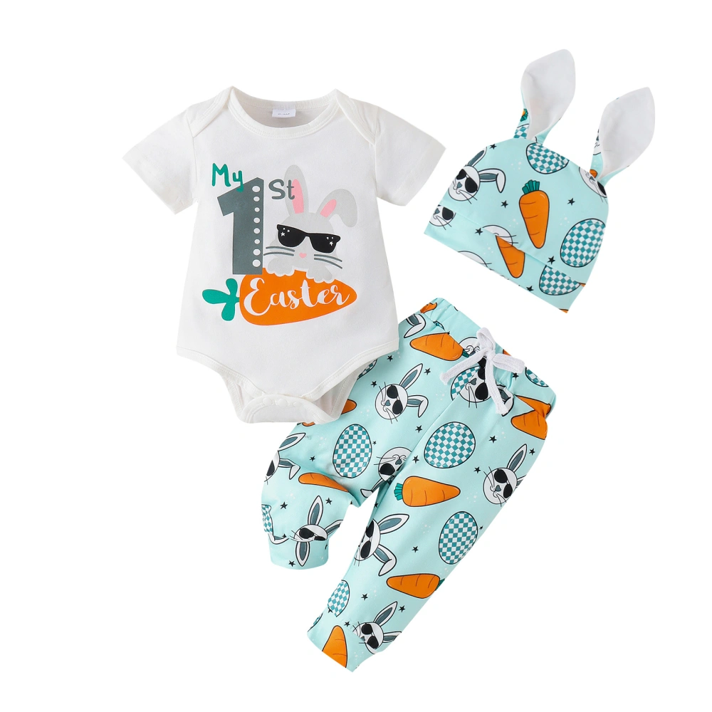 Boy Easter Suit Letter Bunny Carrot Print Romper and Pants Hat Set