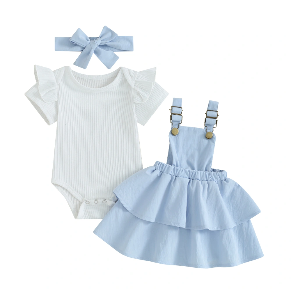 Baby Girls Dress Set, Short Sleeve Romper Layered Dress Headband