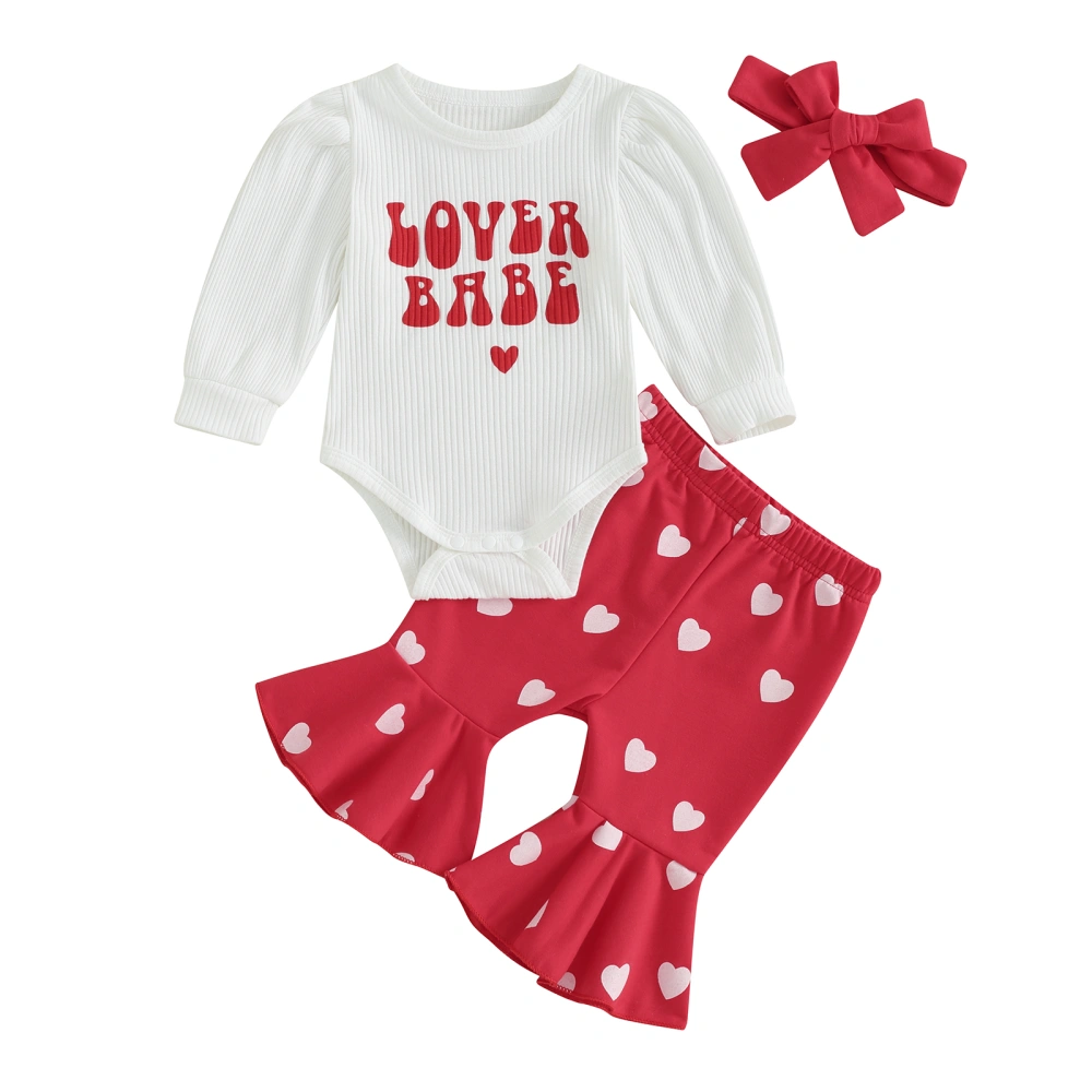 Baby White Long Sleeve Romper Tops Heart Print Pants Headband Set