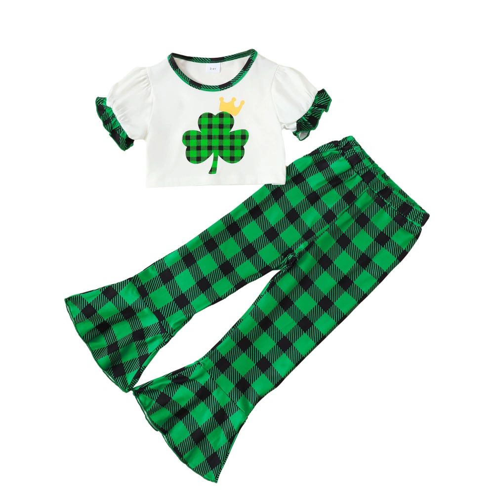 Girls Short Sleeve Clover Print Tops Green Plaid Flared Pants Sets