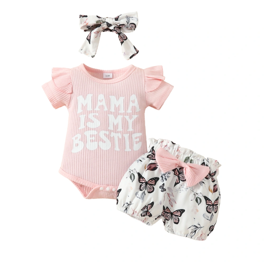 Baby Girls Summer Outfit Ribbed Romper + Butterfly Shorts + Headband