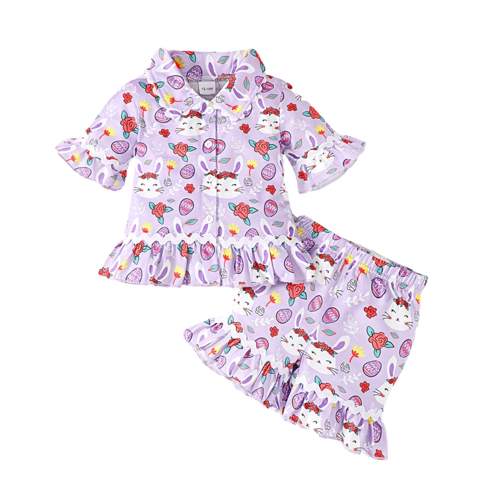 Toddler Girls Easter Pajamas Set Cartoon Print Button Shirt and Shorts