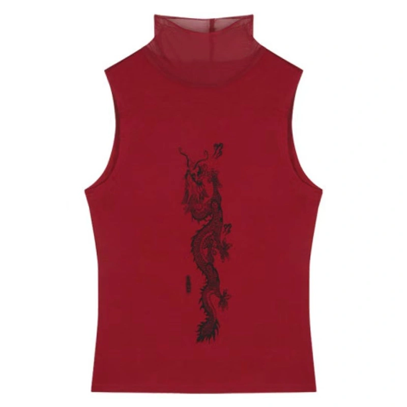 Women's Dragon Print Tank Tops Sleeveless Mock Neck Slim Fit Crop Tops