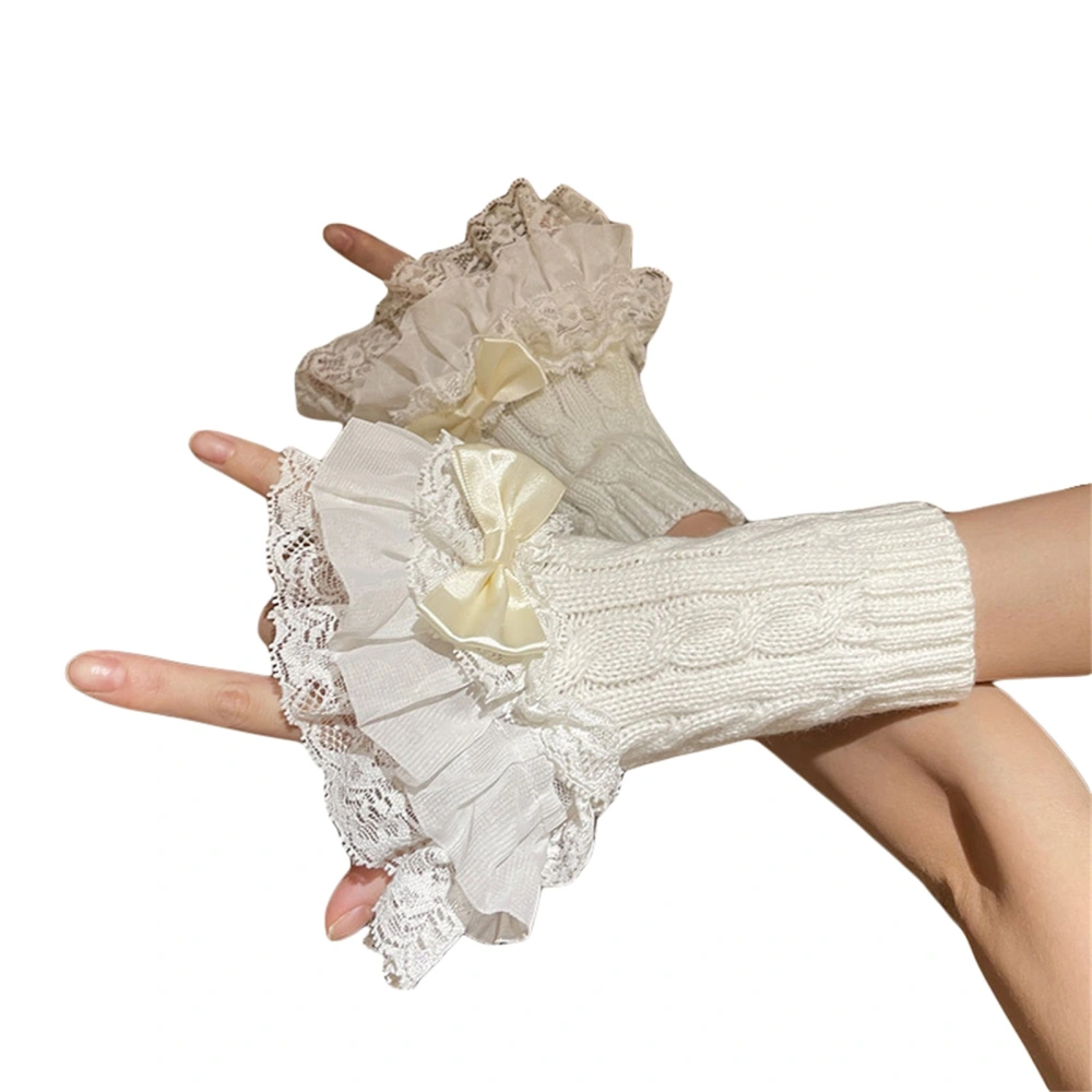 Women Autumn Winter Knit Wrist Sleeves, Lace Trim Bow Lolita Gloves