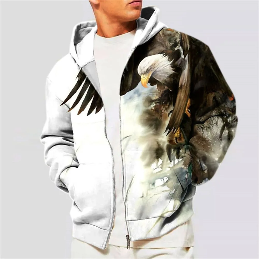 Men's Animal Pattern Eagle Full Zipper Hooded Sweatshirt Sports Outdoor