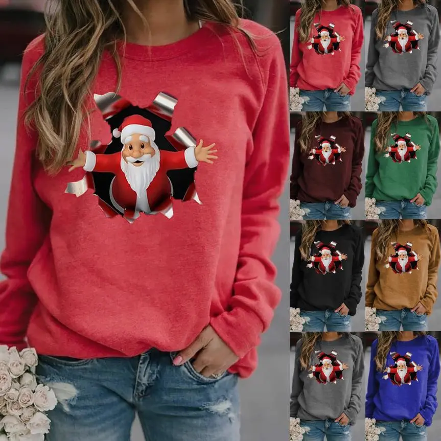 Polyester Santa Claus Printed Autumn And Winter Long Sleeve Round Neck Brushed Wool T-shirt Women's Top