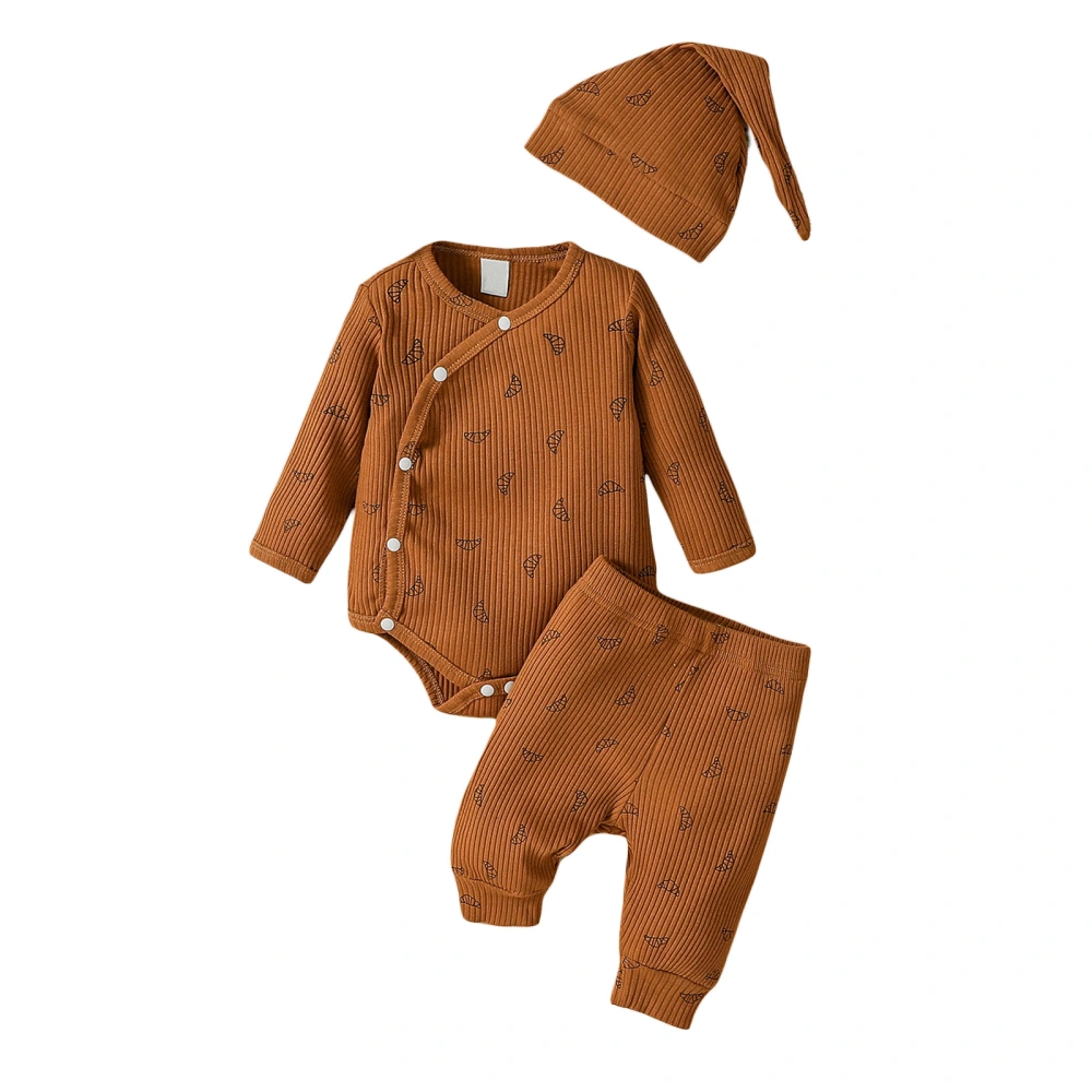 Baby Dinosaur Print Long Sleeve Button Down Romper with Long Pants Hat