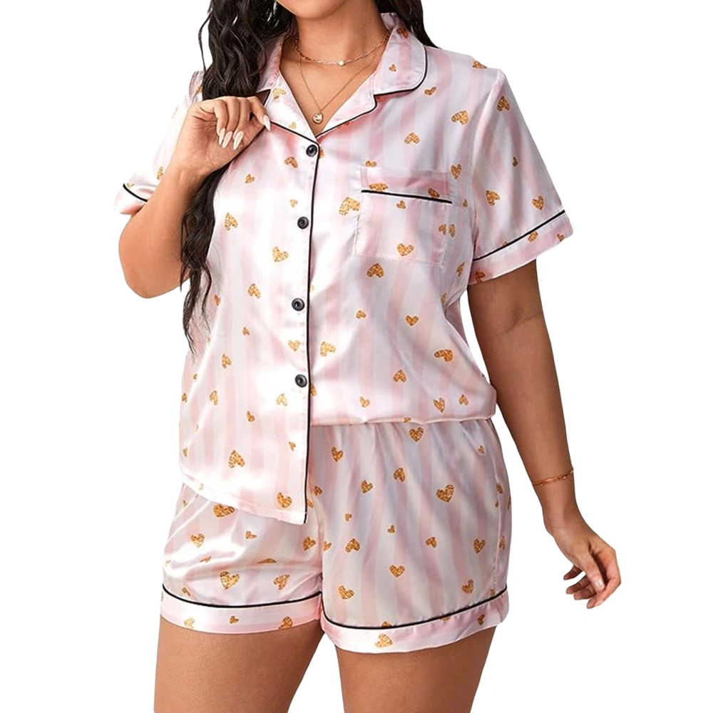 Women Short Sleeve Button Down Tops + Elastic Shorts Satin Pajama Set 