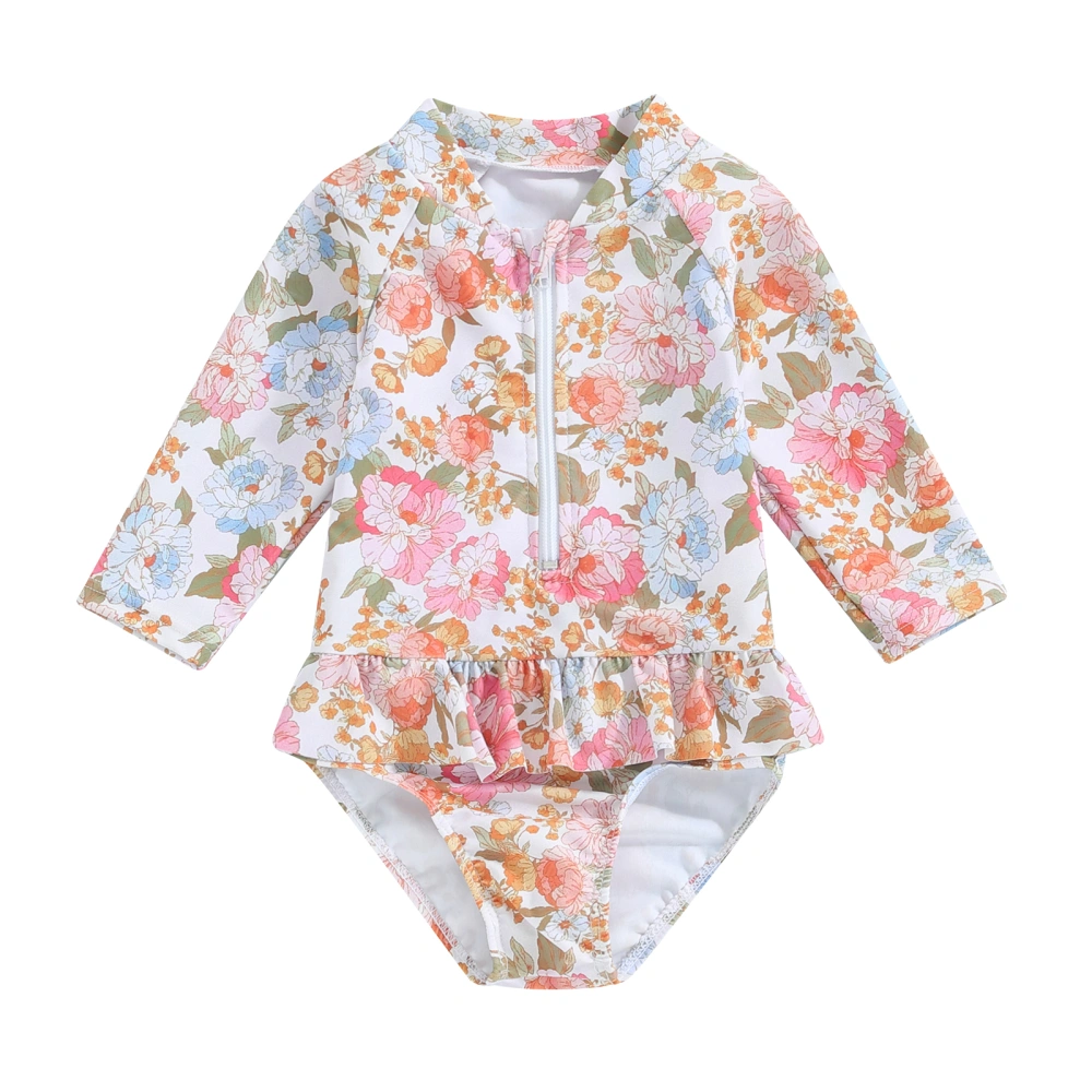 Girls Long Sleeve Zip Up Floral Print Ruffle Romper Bathing Suit