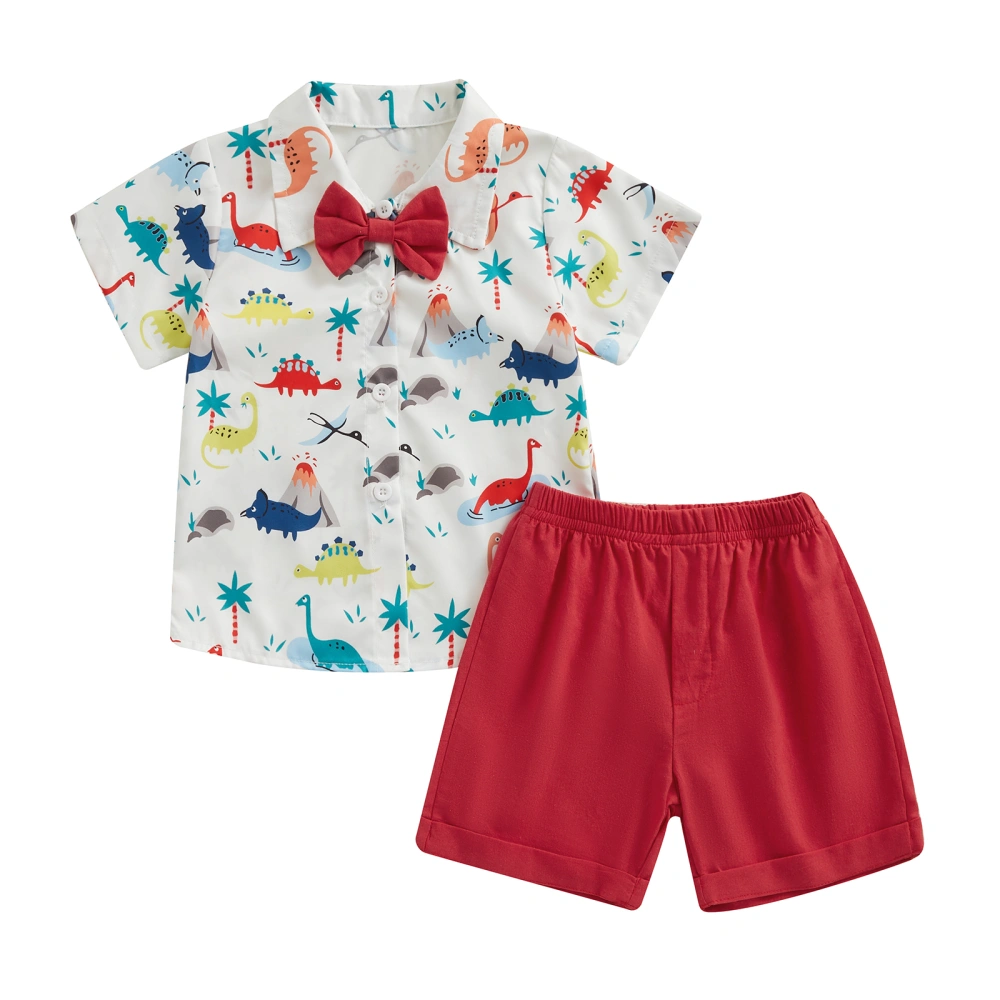 Toddler Boy Button Down Dinosaur Tops + Elastic Shorts + Bowtie Set