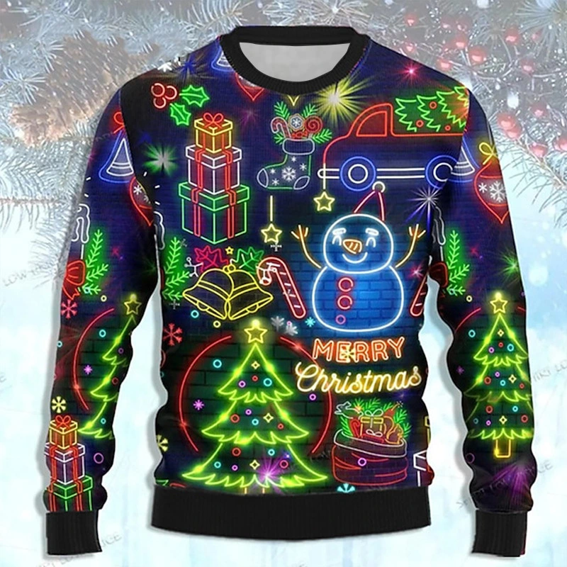 Men's Fashion Casual 3d Printed Striped Pullover Crew Neck Sweater