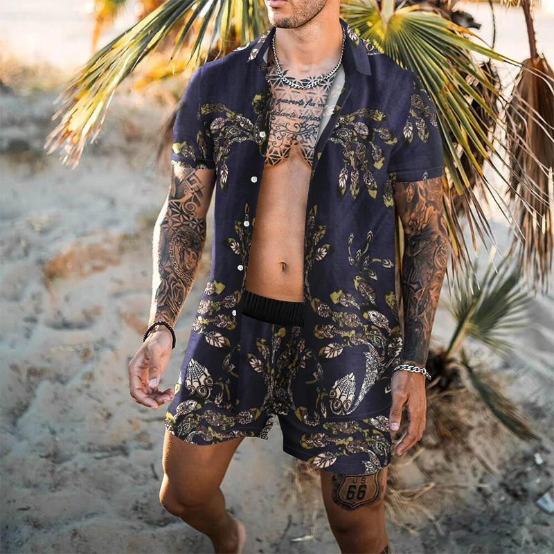 Men's Casual Suit Digital Printing Slim-fit Short-sleeved Shirt Youth Beach Suit