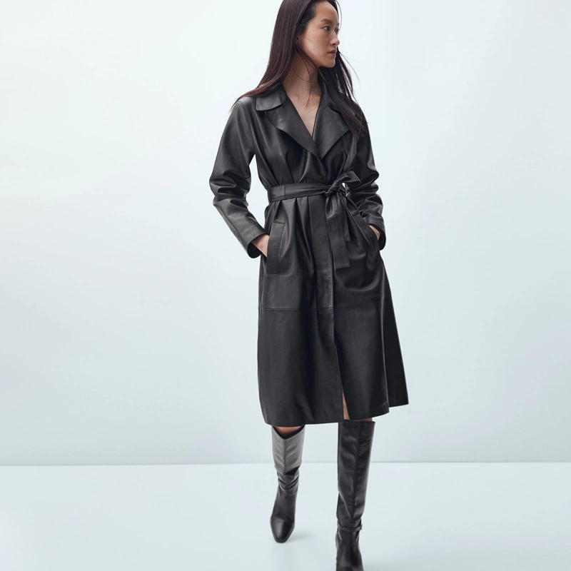 Stylish Belted Faux Leather Trench Coat