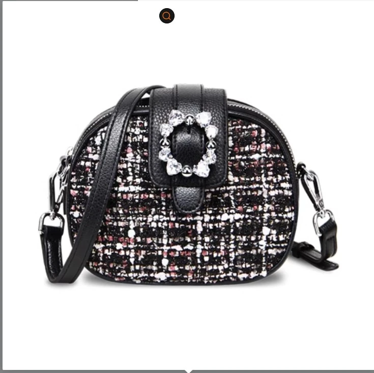 Small Round Black Leahter Cross-body Bag With Gems Shaped Flower