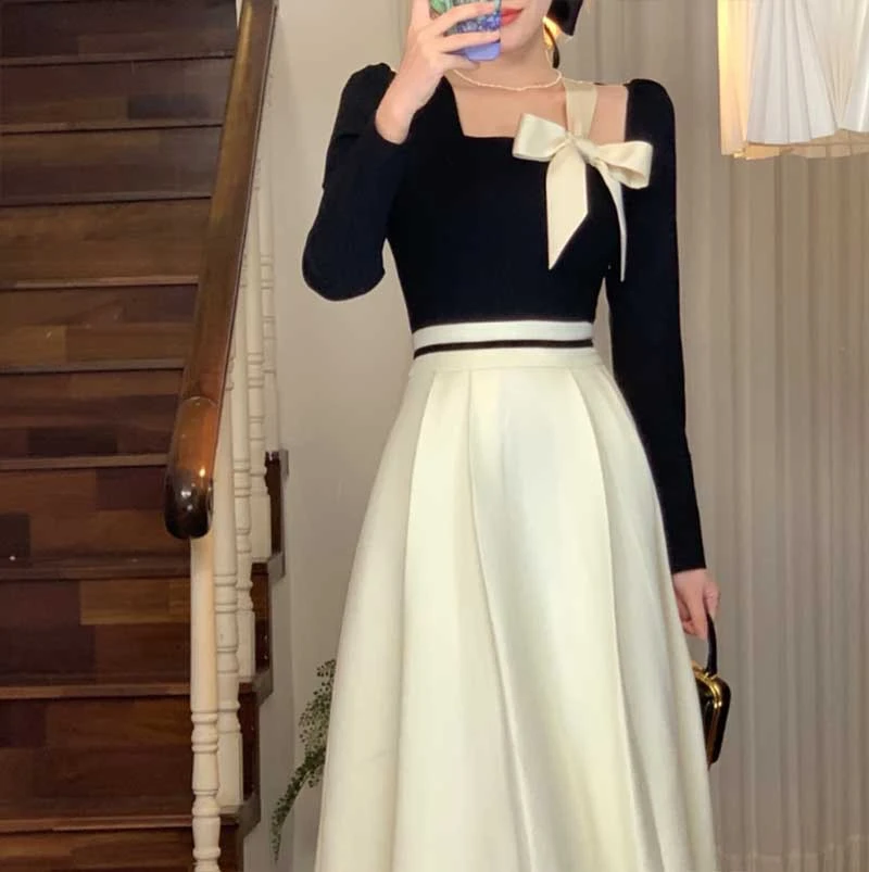 French Style Temperament High Waist A- Line Square Collar Dress