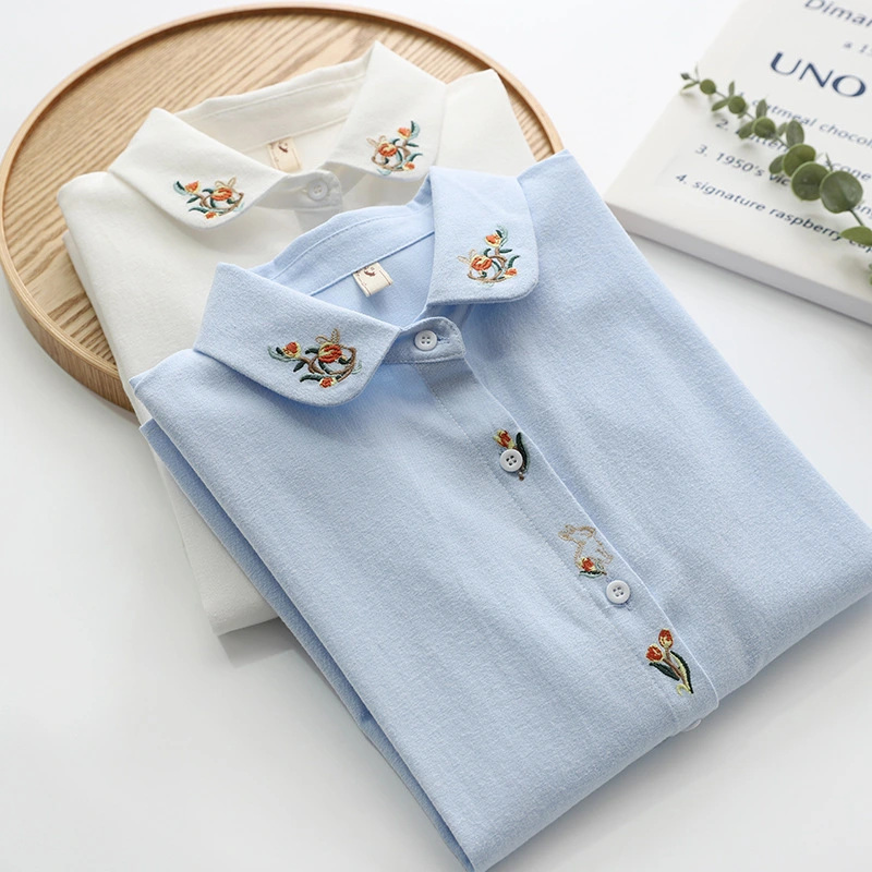 Flower Embroidered Cotton Round Neck Long Sleeve Shirt Women's Placket Rabbit Shirt