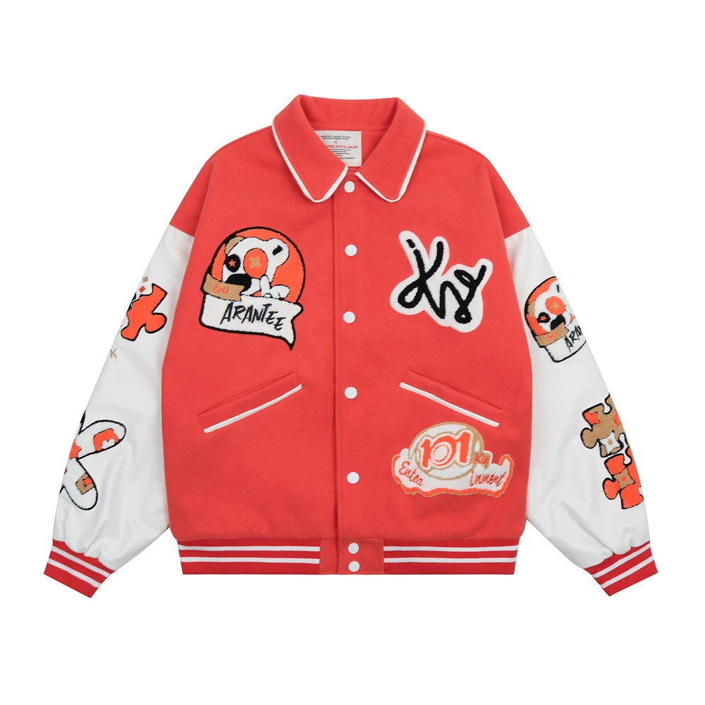 Cartoon Embroidery Contrast Color Stitching Thickening Quilted Baseball Jacket For Men
