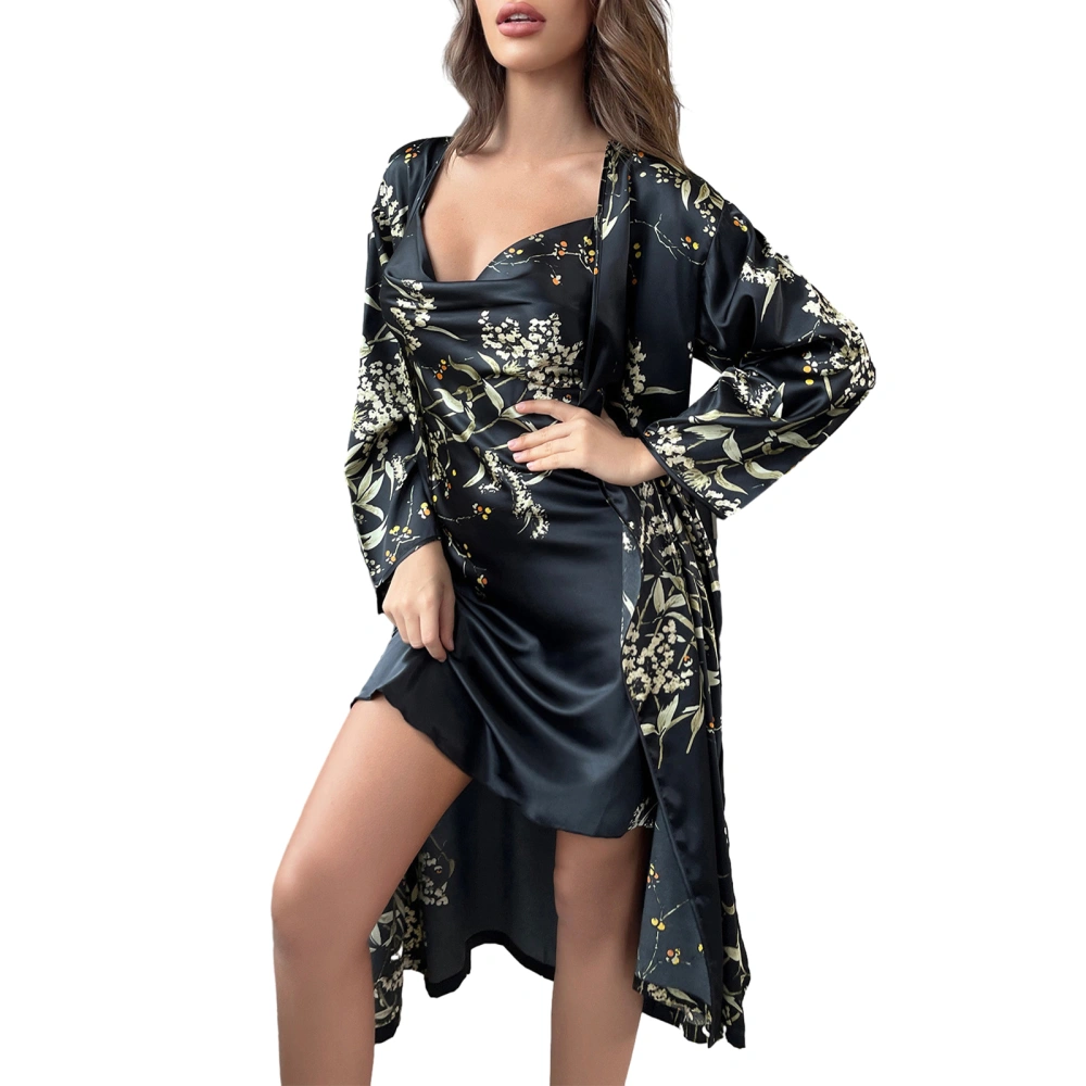 Women Pajama Set, Long Sleeve Open Front Belted Robe with Slip Dress