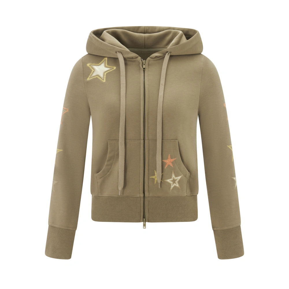 Women's Hooded Crop Jacket Star Embroidery  Zip Up Slim Coat