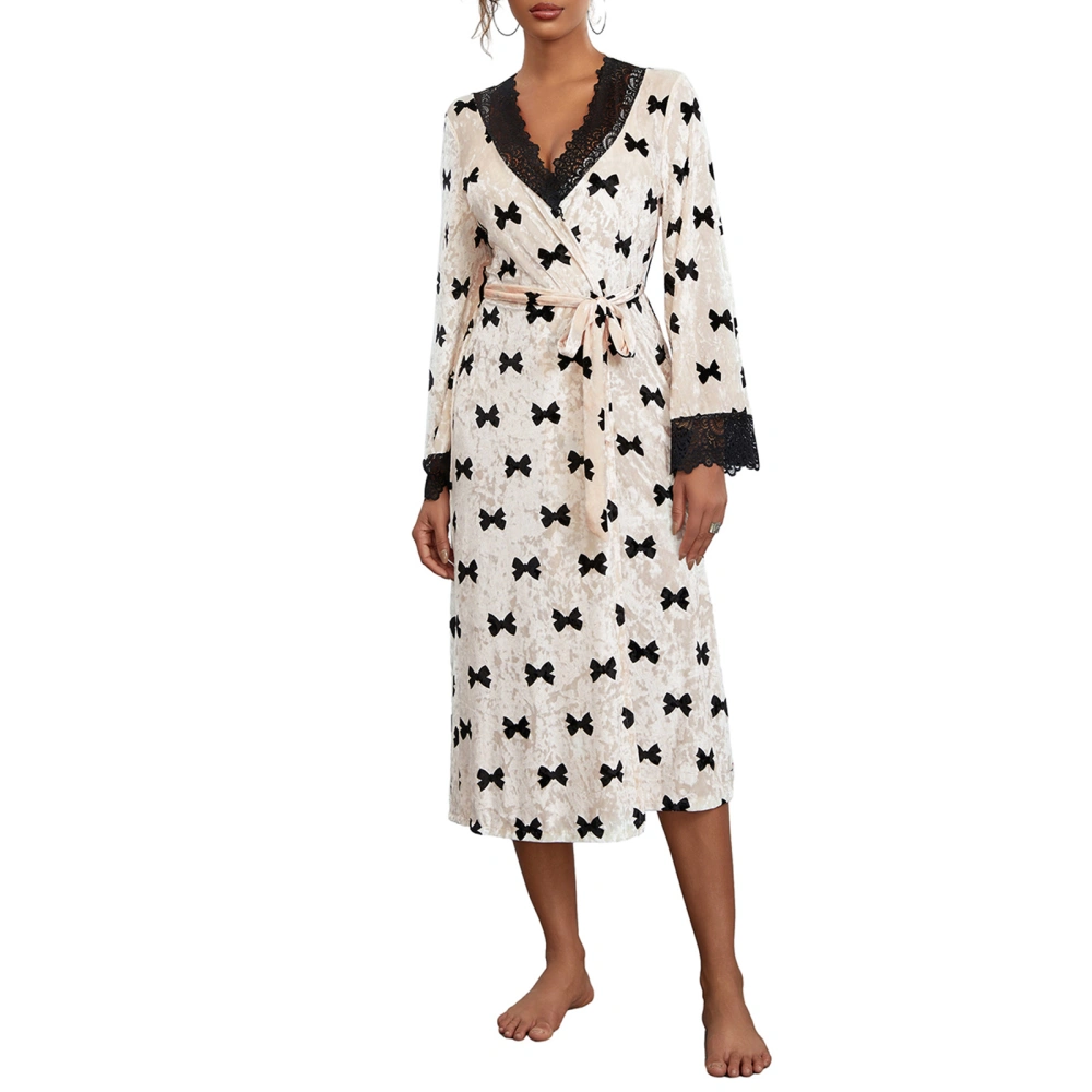 Women Home Velvet Robe Butterfly Print Long Sleeve Lace Bathrobe 