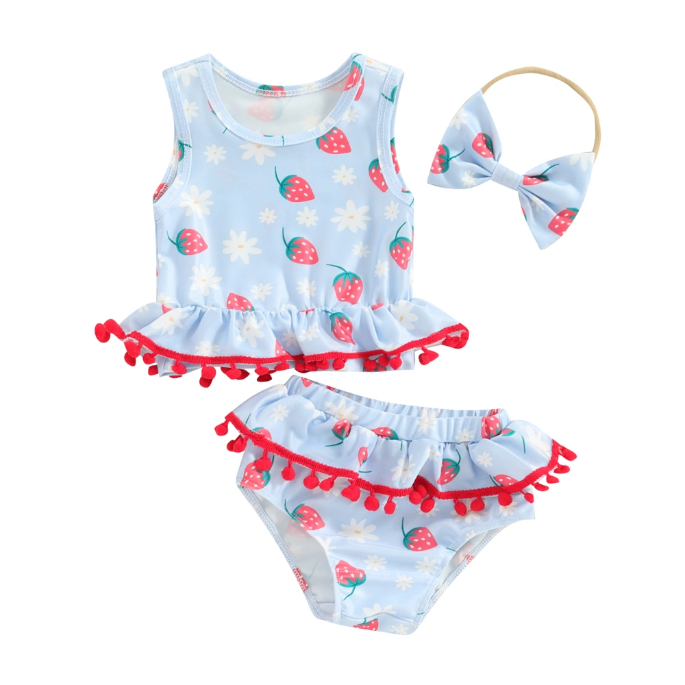 Girls Summer Bikini Set, Strawberry Print Tank Tops Shorts Headband