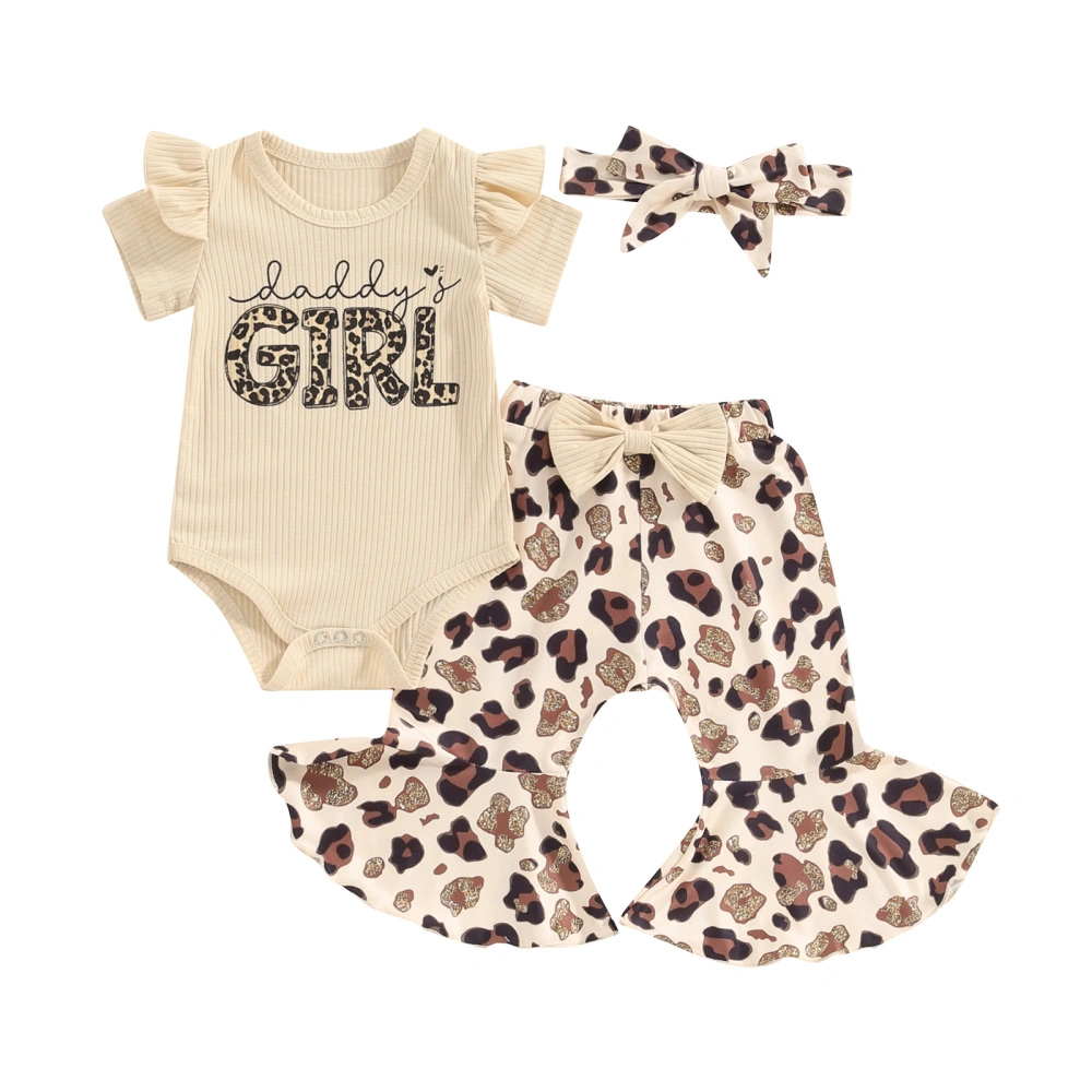 Baby Girl Short Sleeve Ruffle Romper Leopard Print Pants Headband Set