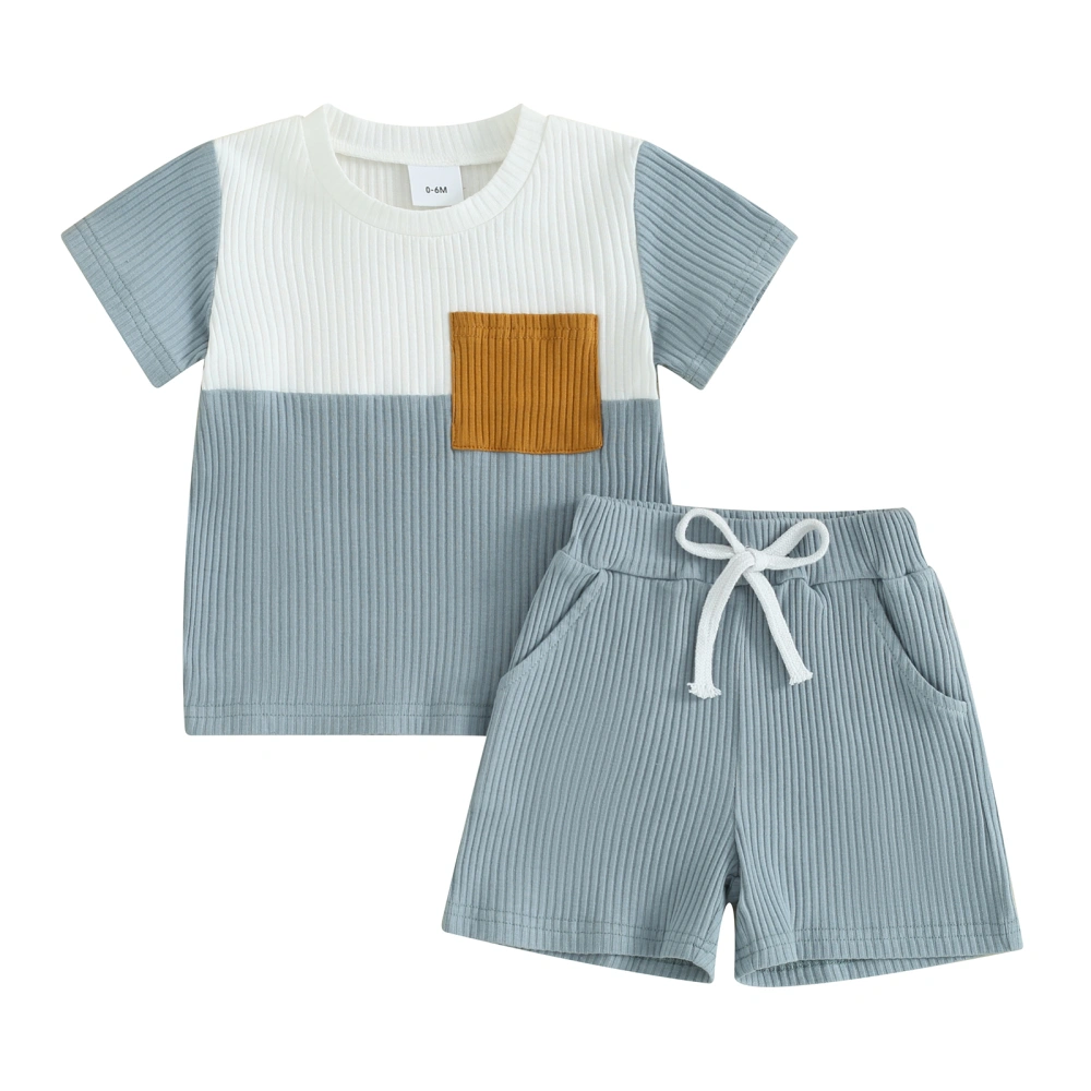 Toddler Boys Summer Outfits Contrast Color Ribbed Knit Tops Shorts