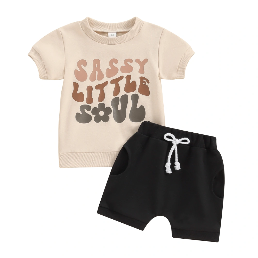 Boy Letter Print Short Sleeve T-Shirt with Elastic Waist Solid Shorts