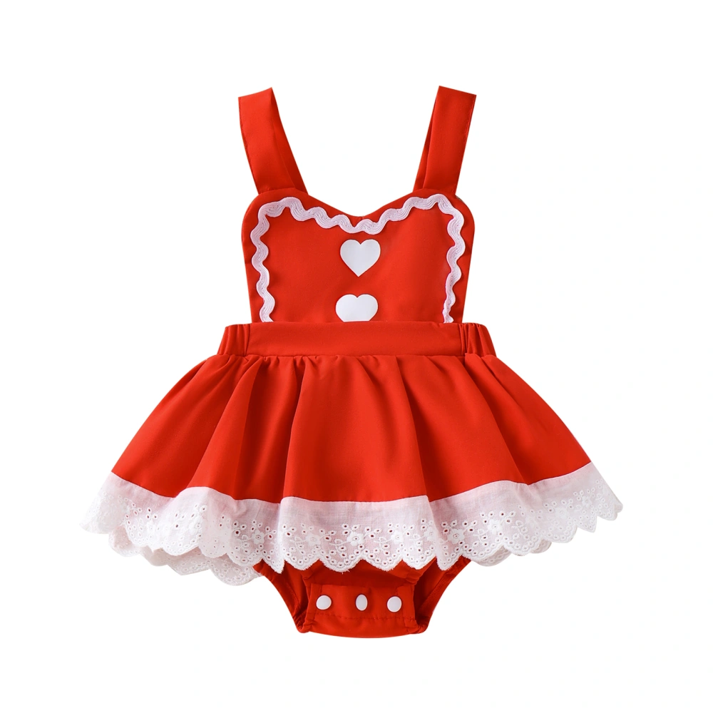 Baby Girls Sleeveless Heart Print Lace Trim Romper Dress