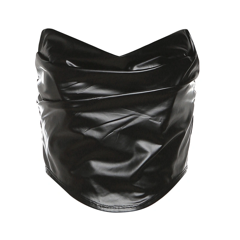 Women's PU Leather Corset Tube Tops, Solid Low Cut Ruched Bandeau