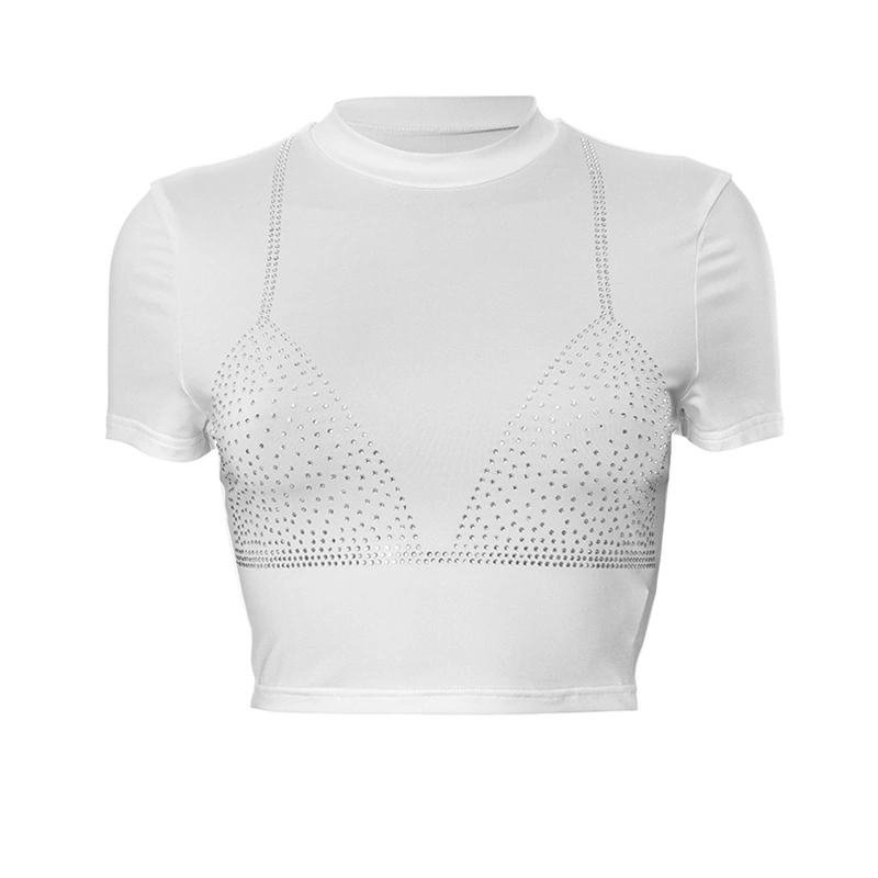 Women's Crew Neck Crop Tops Rhinestone Bra Print Short Sleeve T-Shirts