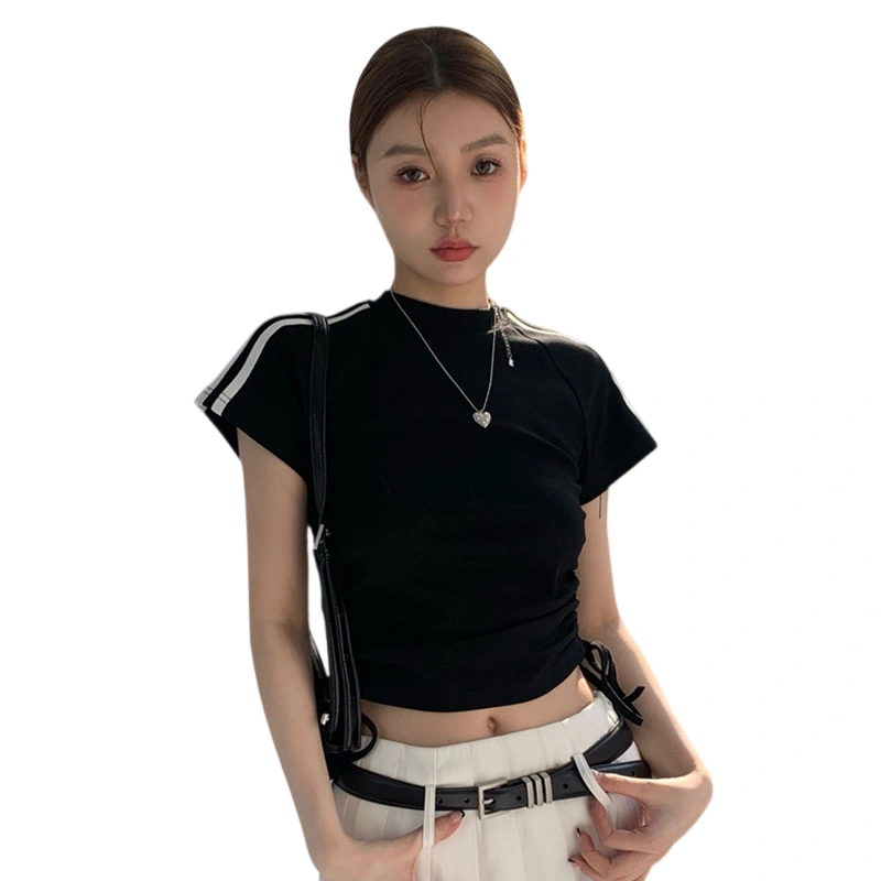 Women Crop Tops Stripe Short Sleeve Crew Neck Casual T-Shirts