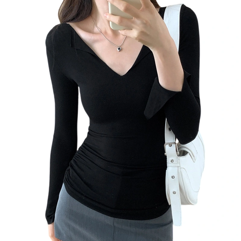 Women T-shirt Long Sleeve V Neck Pleated Solid Slim Fit Fall Tops