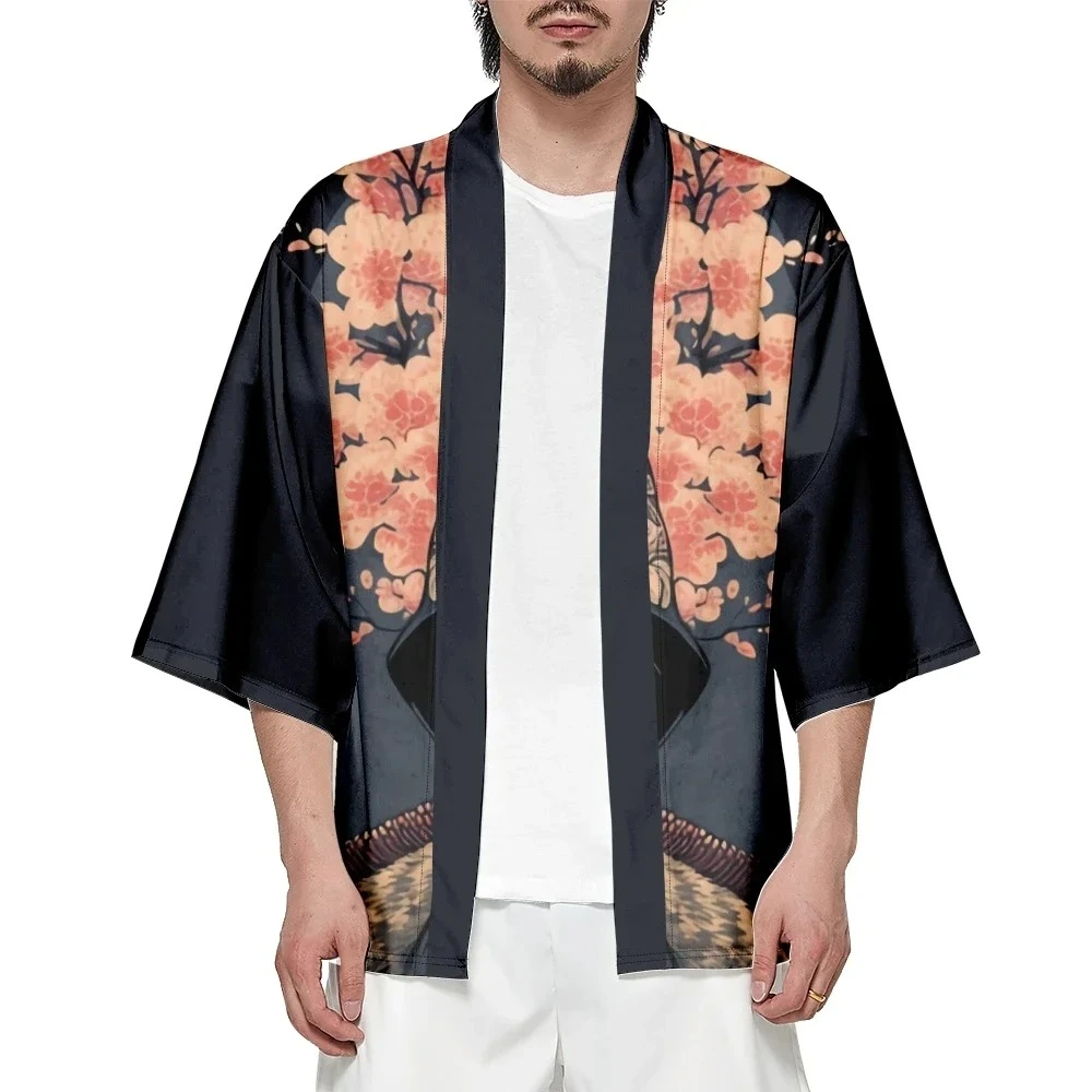 Creative Illustration Printed Cropped Shirt Robe Cardigan Loose Men Haori