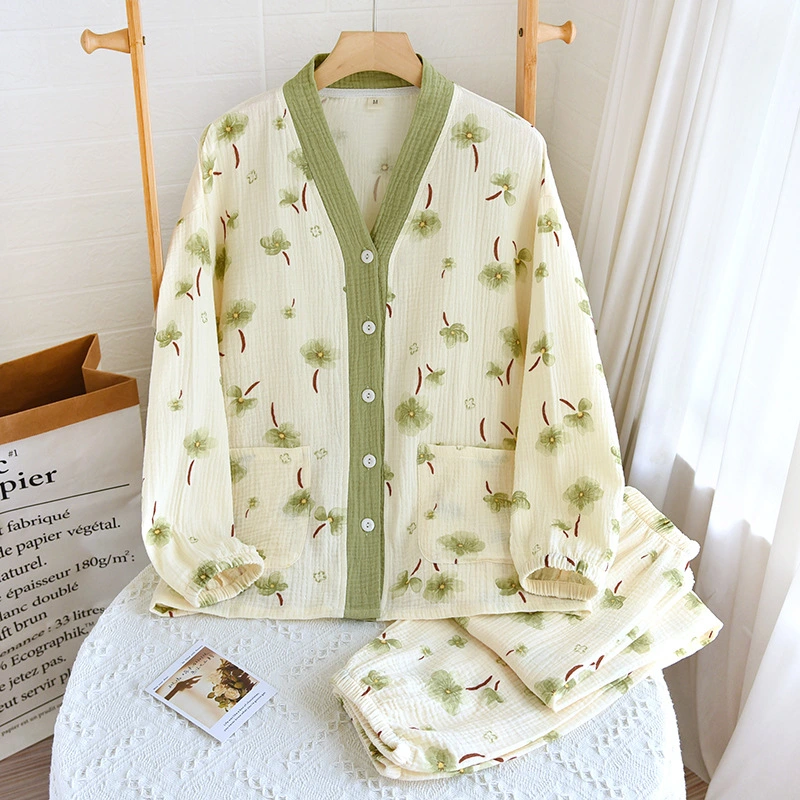 Washed Cotton Gauze Double-layer Crepe Long Sleeve V-neck Home Wear Suit