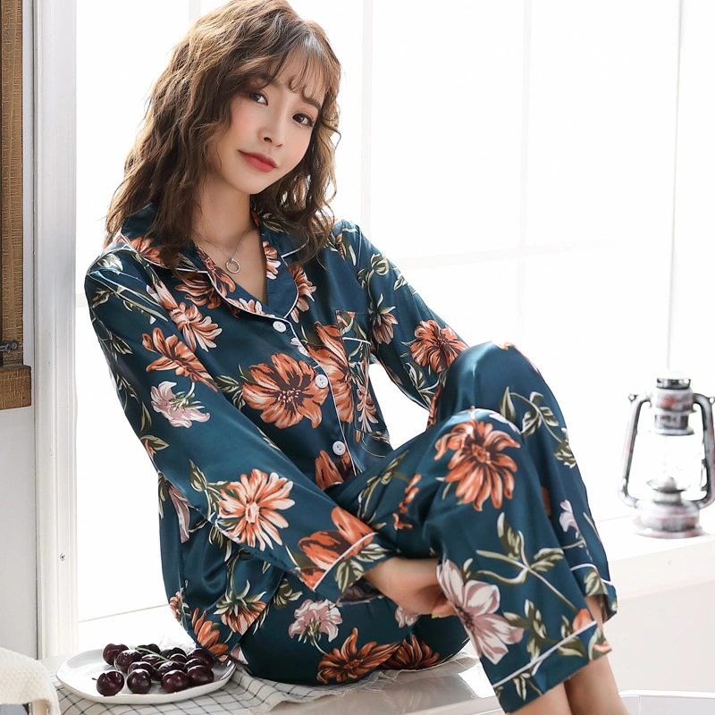 Women's Long-sleeved Pajamas Ice Silk Home Wear