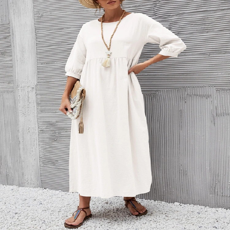 Solid Color Fashion Lantern Sleeve Loose Cotton Linen Skirt