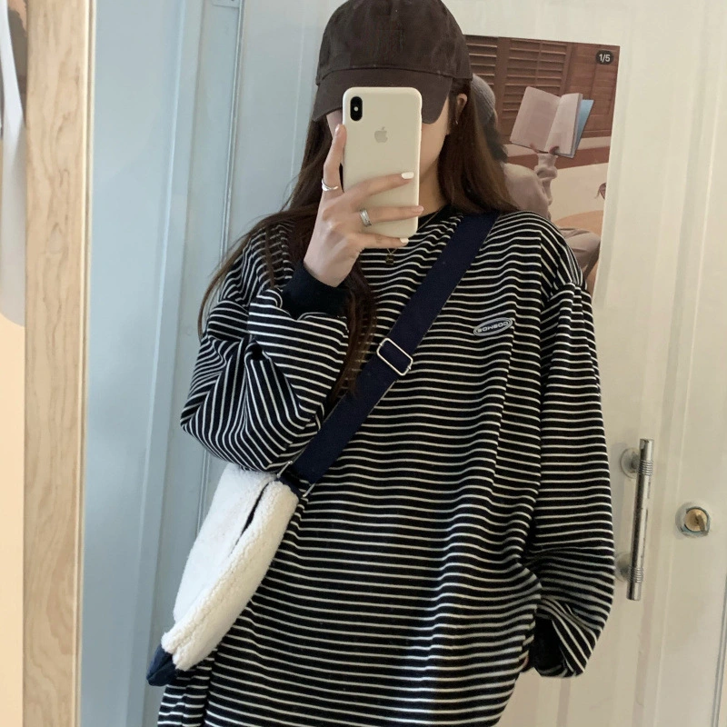Thin Striped Long-sleeved Sweater Loose Round Neck Pullover