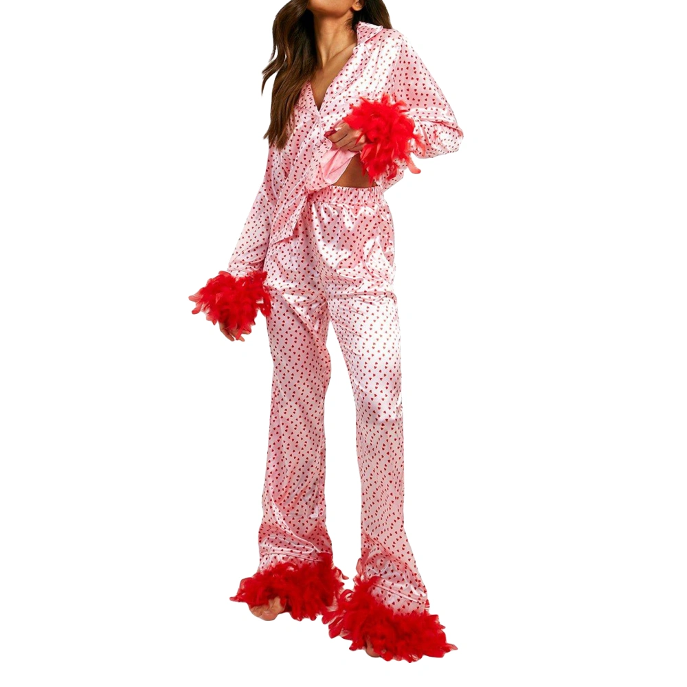 Women's Satin Loungewear Set Heart Feather Cuff Long Sleeve Tops Pants