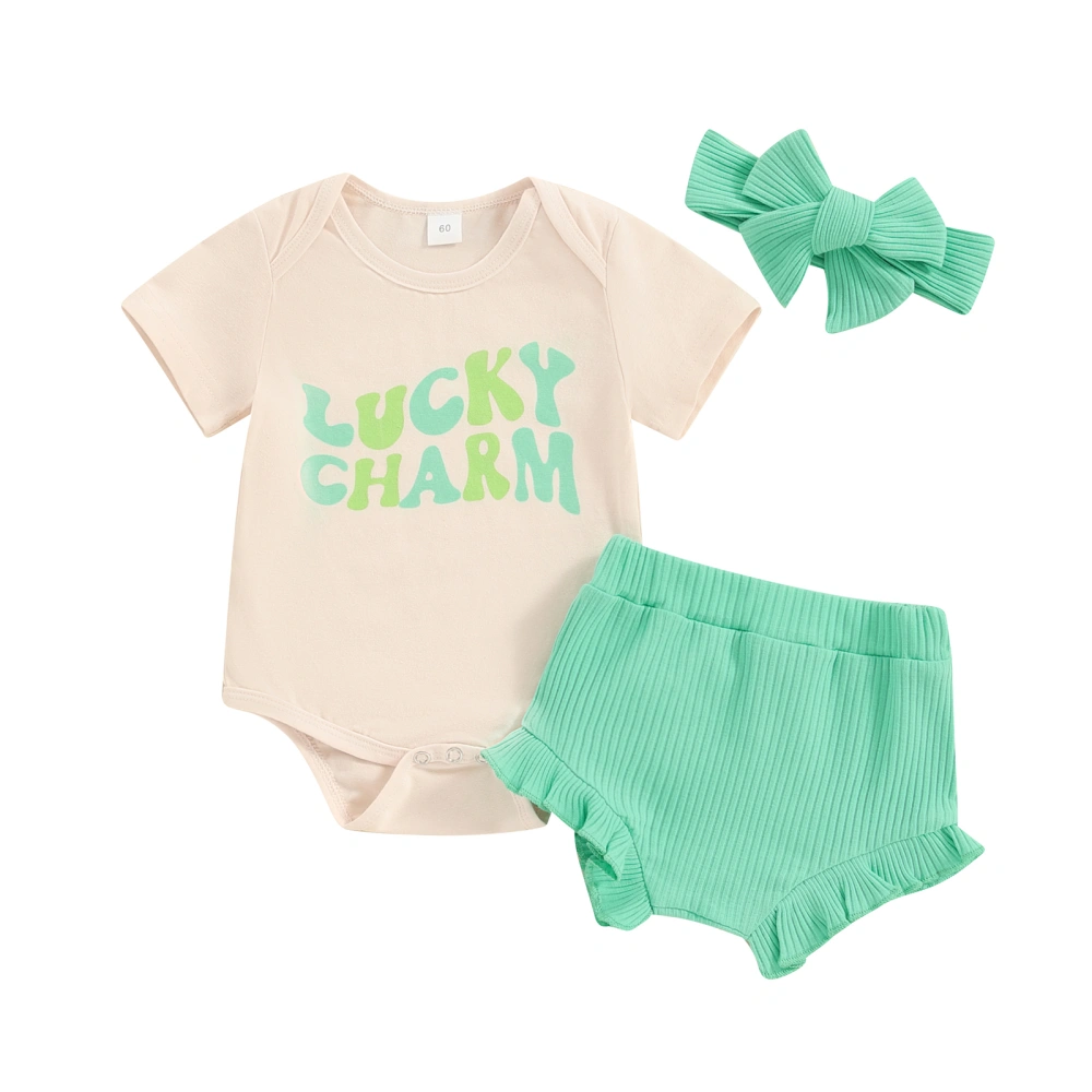 Baby Irish Short Sleeve Letter Print Romper PP Shorts Headband Sets