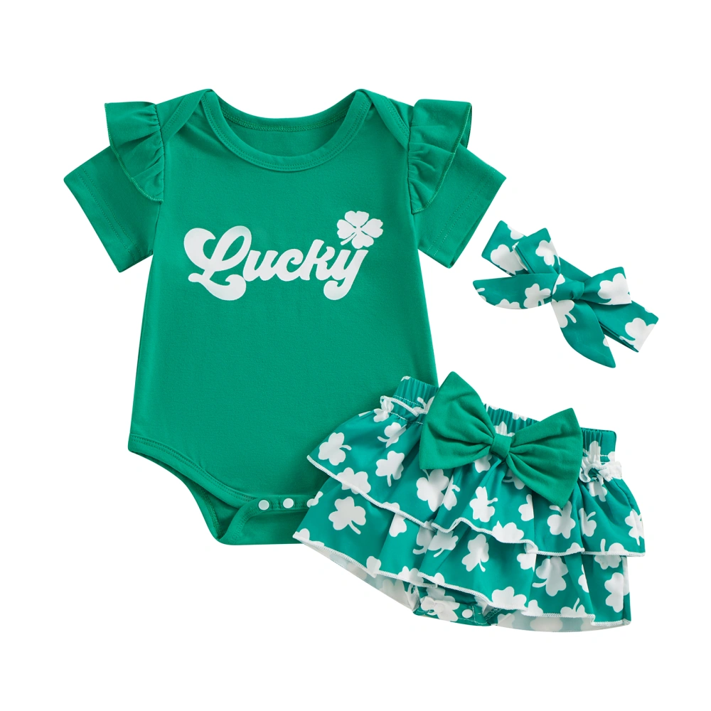 Baby Girls Shorts Set, Letters Print Romper Shamrock Skort Hairband