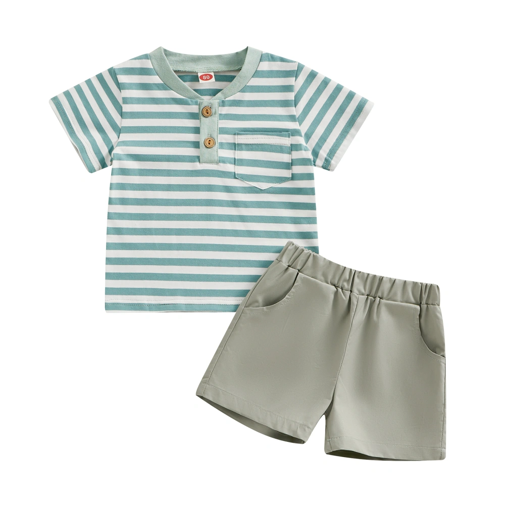 Boy Short Sleeve Button Up Striped Tops and Solid Color Shorts Sets