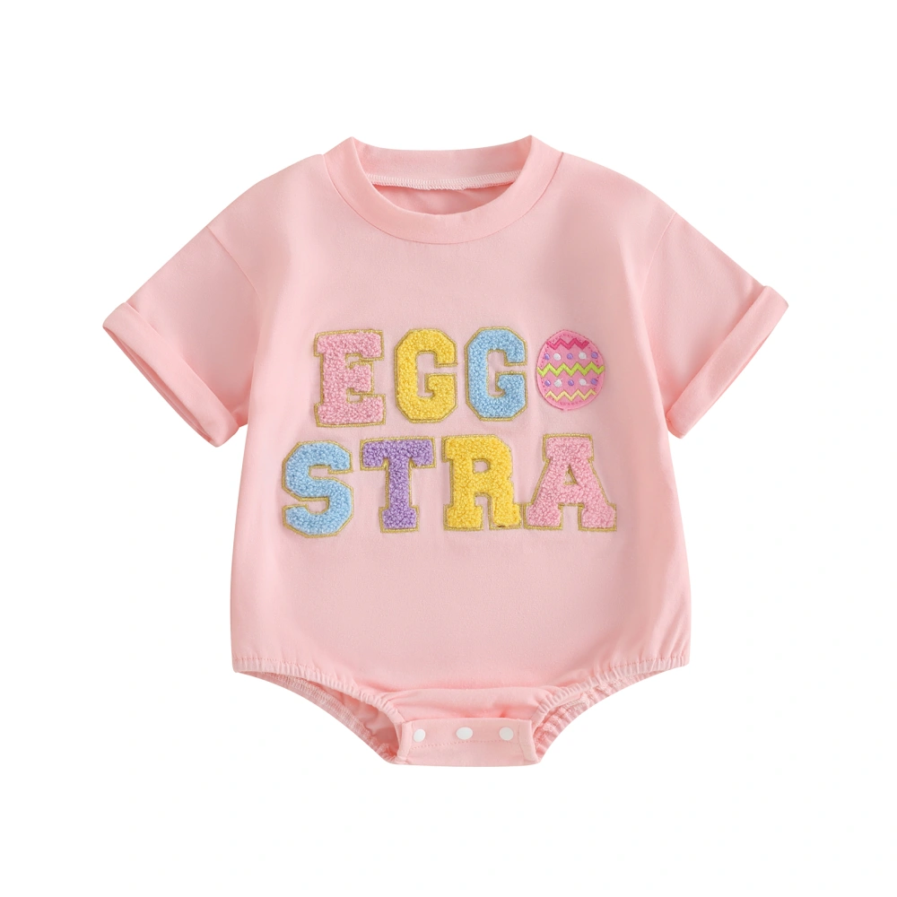 Baby Girls Summer Jumpsuit Lettered Egg Embroidery Short Sleeve Romper