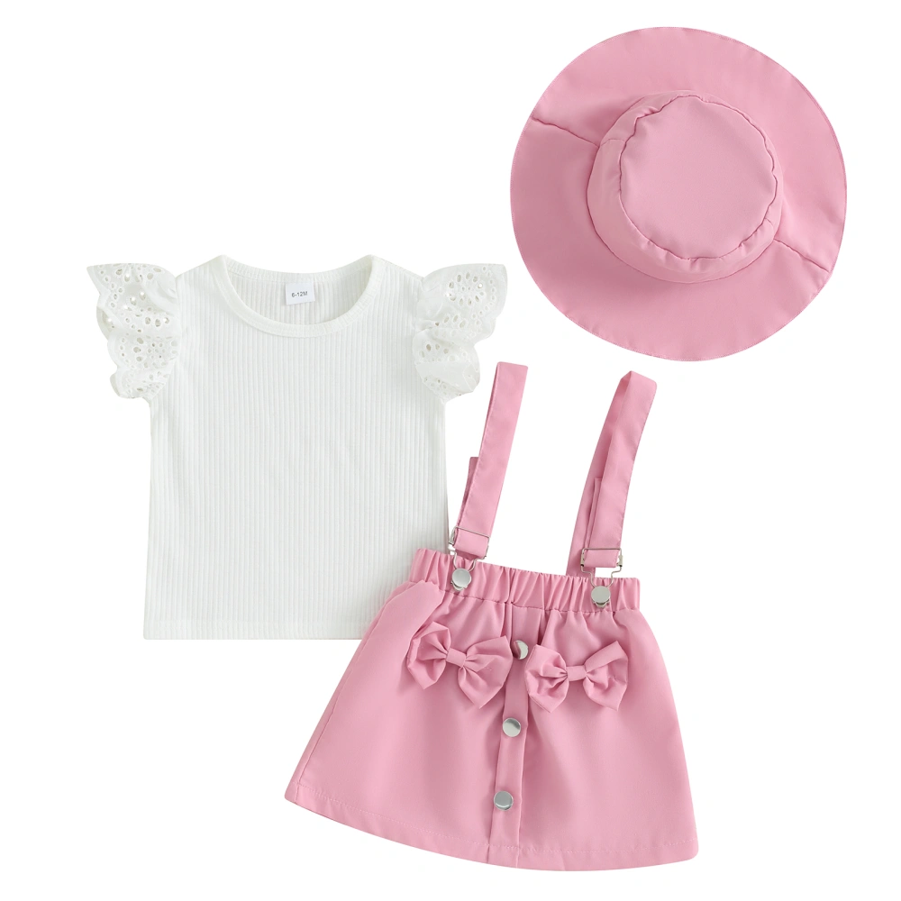 Girl Flying Sleeve Crewneck Tops Bow Decorated Suspender Skirt Hat Set