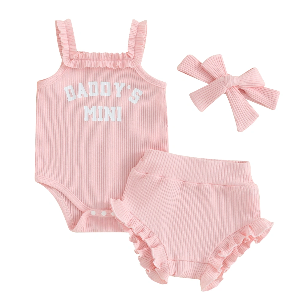 Baby Letter Embroidery Ruffle Romper Pink PP Shorts Headband Sets